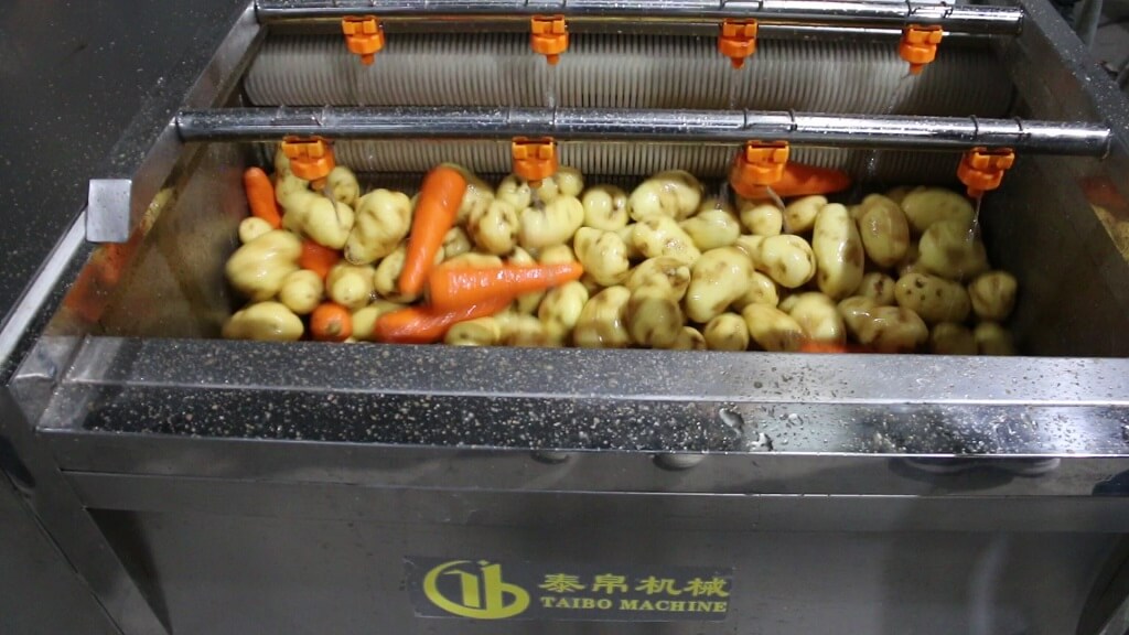 Vegetable peeling machine washing potatoes and carrots with soil