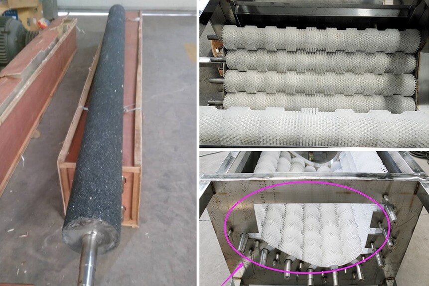 PBT brush rollers and abrasive rollers of vegetable peeling machine in operation